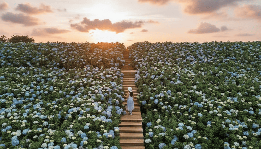 Con đường đất giữa vườn hoa tạo cảm giác như đang lạc vào một khu vườn châu Âu